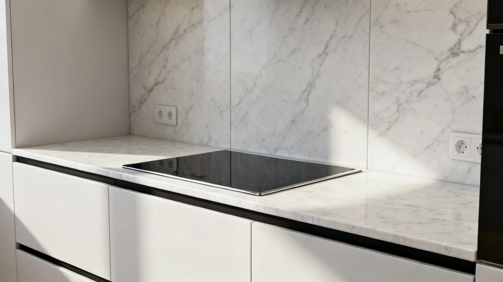 2) Stone or Porcelain Counter + Full-Height Backsplash