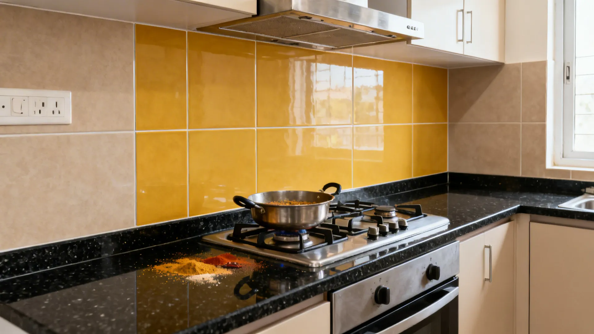 Large-format glazed porcelain backsplash behind a hob with epoxy grout in a compact kitchen.
