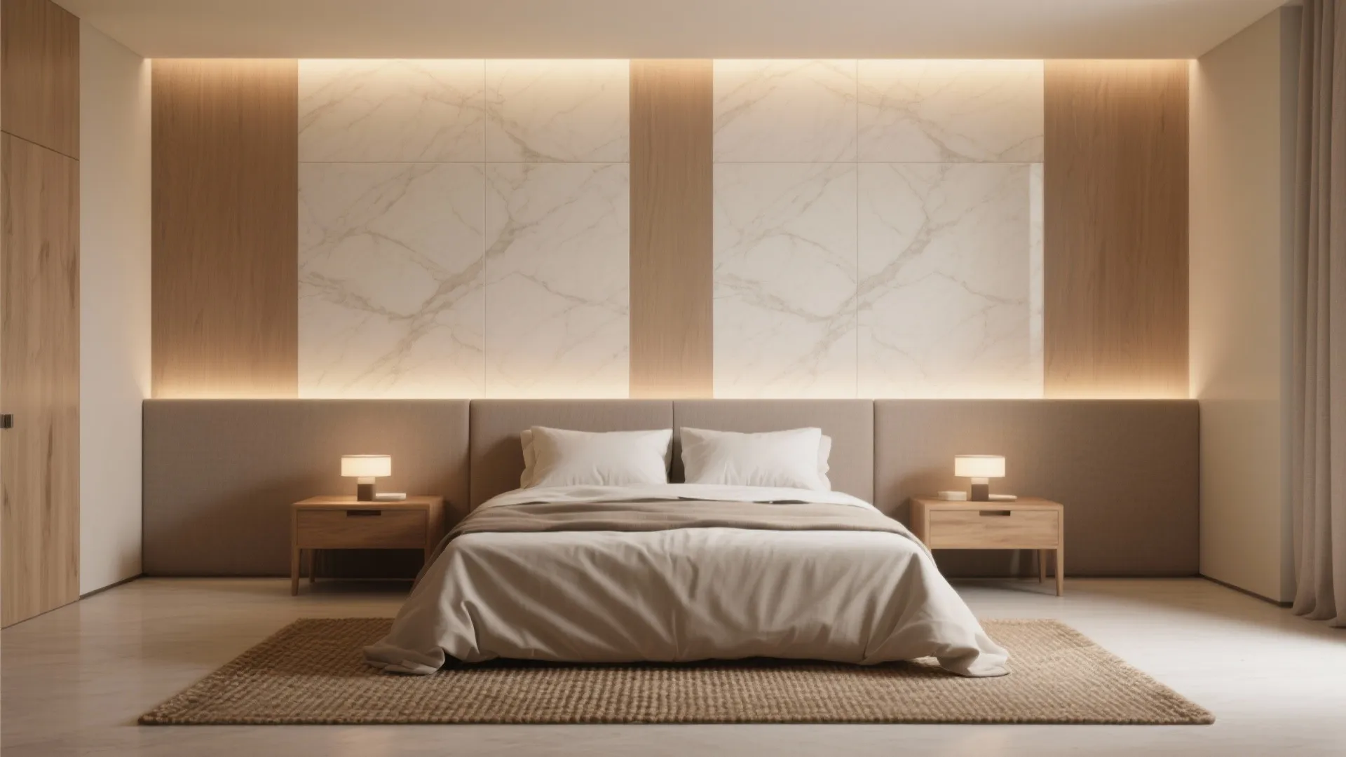 Minimalist bedroom featuring marble wall panels with wood accents and warm lighting behind the headboard