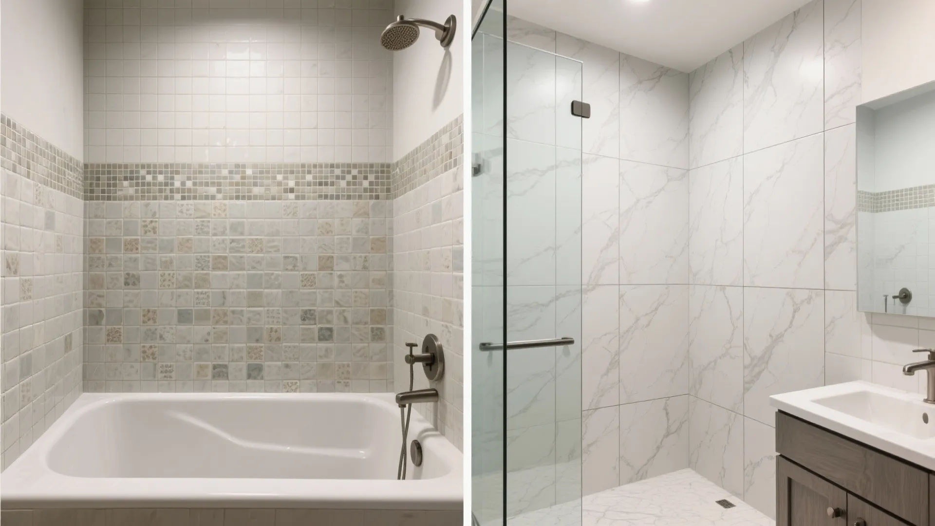 Comparison of old square wall tiles versus modern large white marble tiles in a bathroom