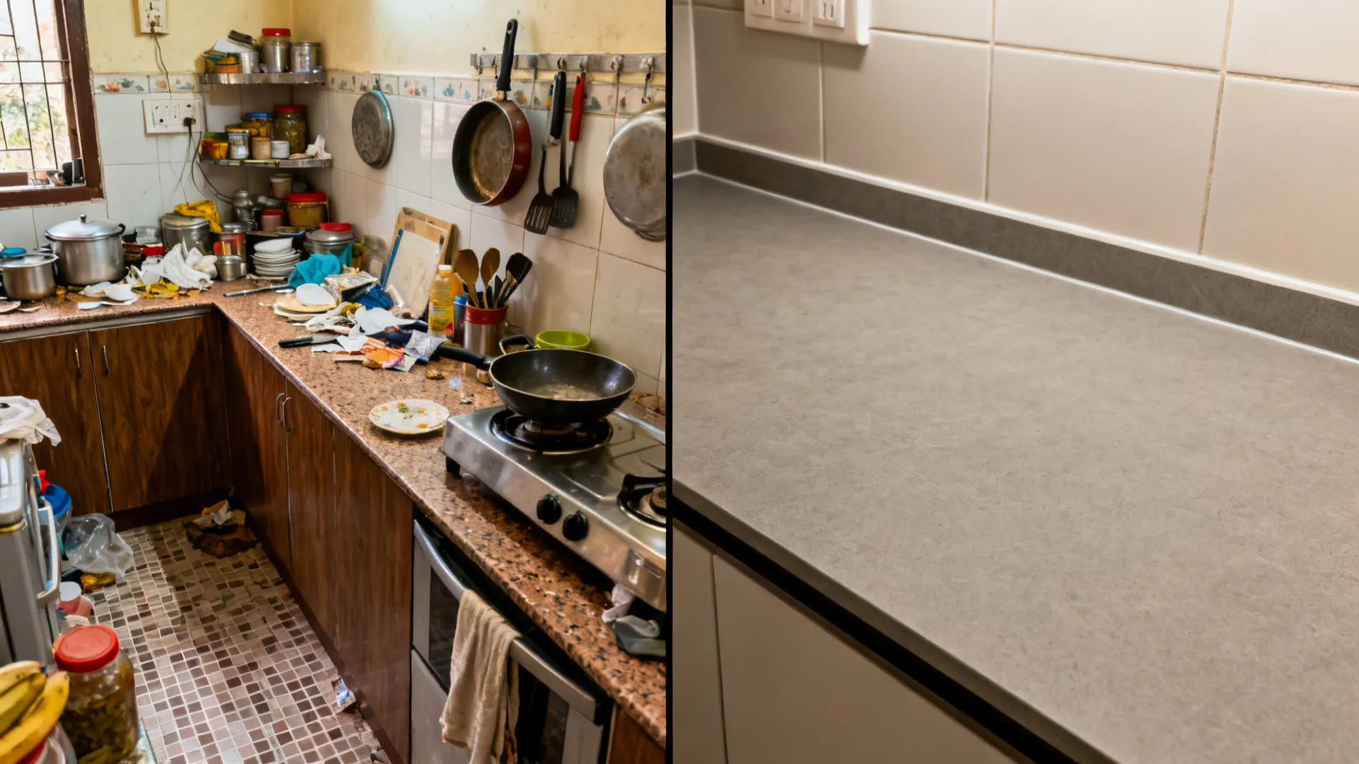 Before-and-after of a compact kitchen upgraded to a warm-grey porcelain slab counter and backsplash.