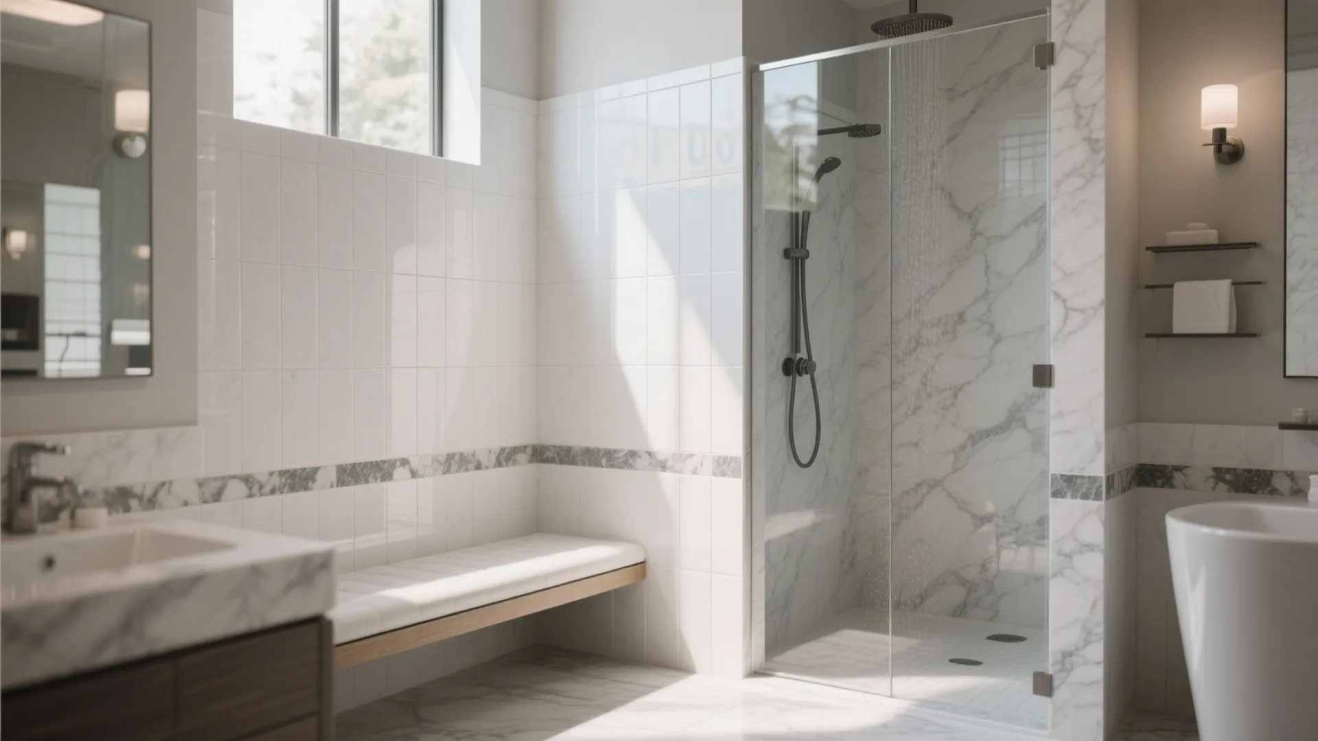 Walk-in shower with built-in porcelain-tiled bench