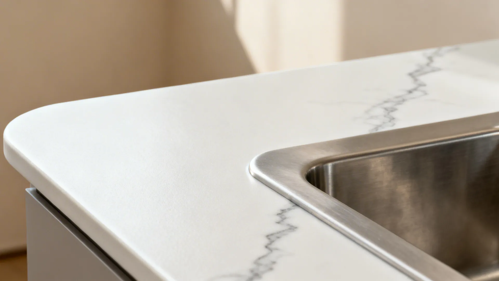 Macro of 12 mm porcelain benchtop with rounded edge and subtle veining beside stainless.