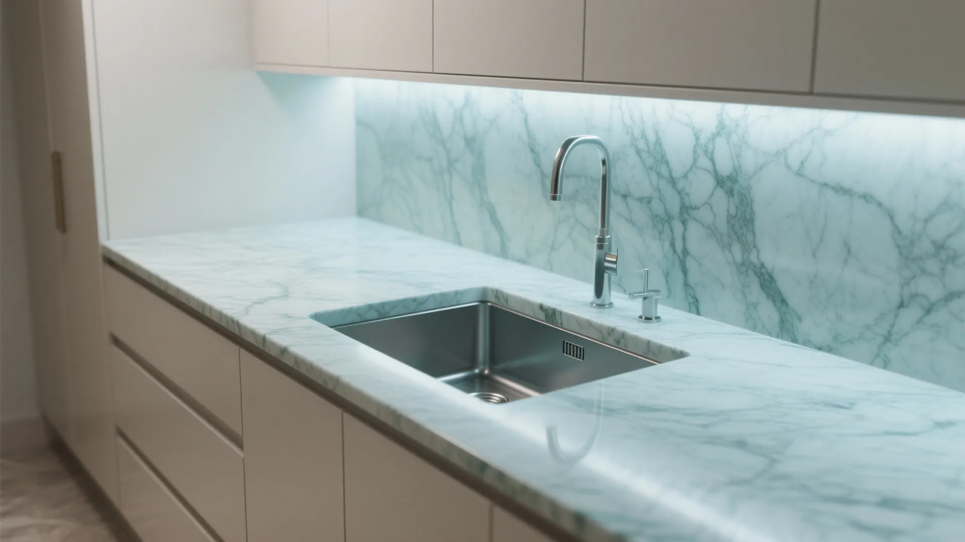 4. Blue-Green Marble Look Porcelain Slab