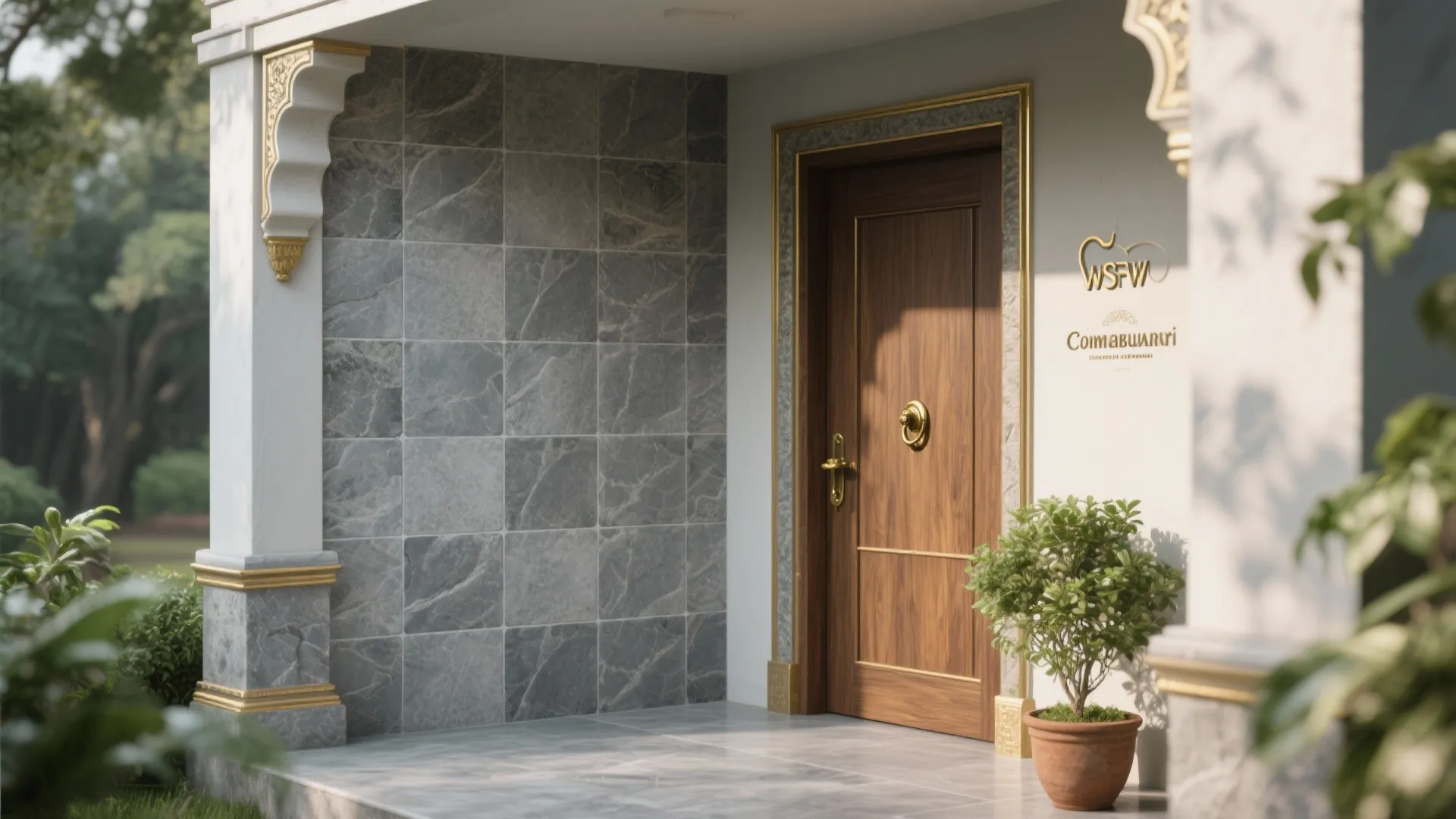 Weathered Stone-Look Porcelain with Brass Accents