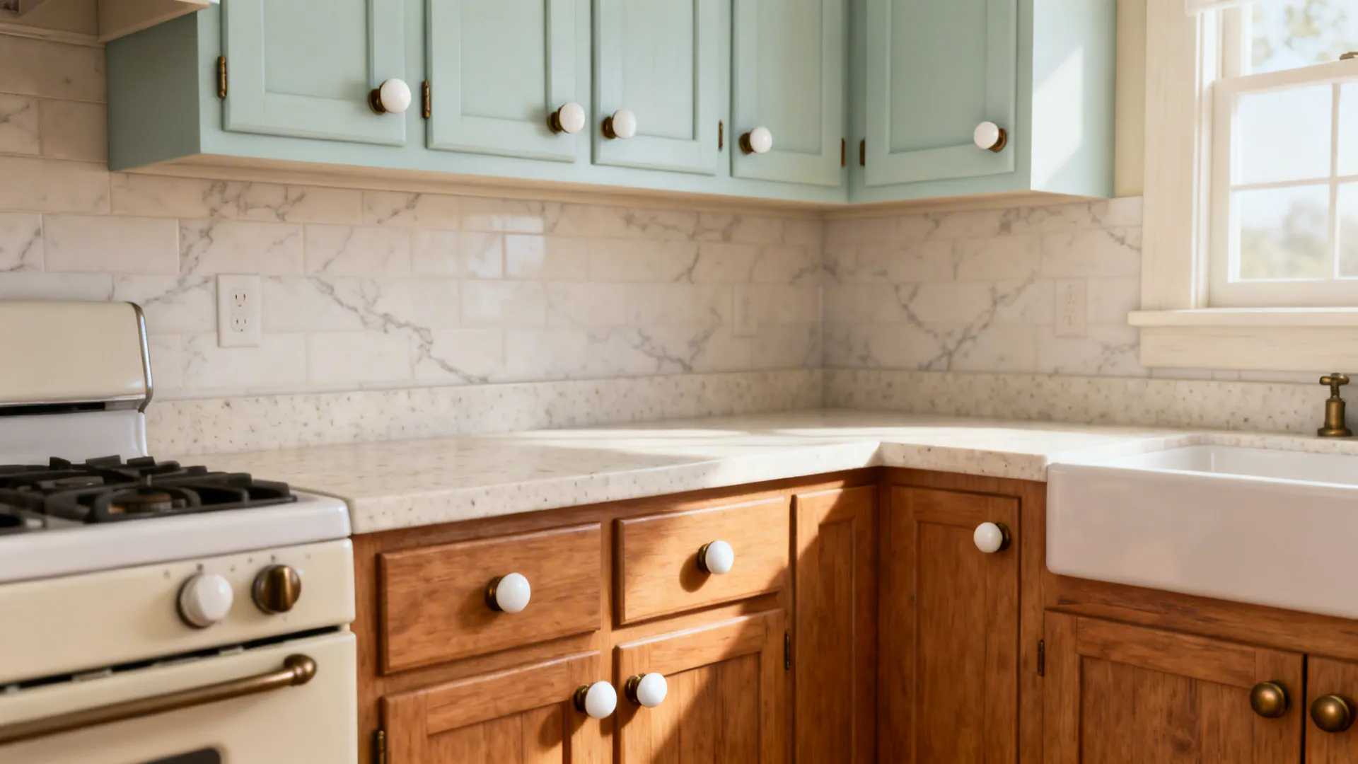 Cabinets with white porcelain knobs on aged bronze bases bridging painted uppers and wood lowers.