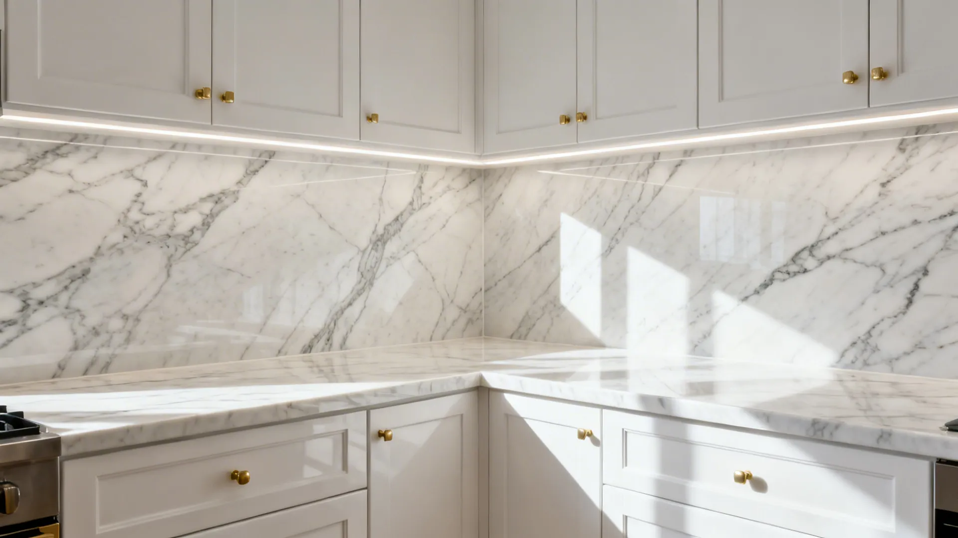 White kitchen with marble-look porcelain slabs and continuous bookmatched veining.