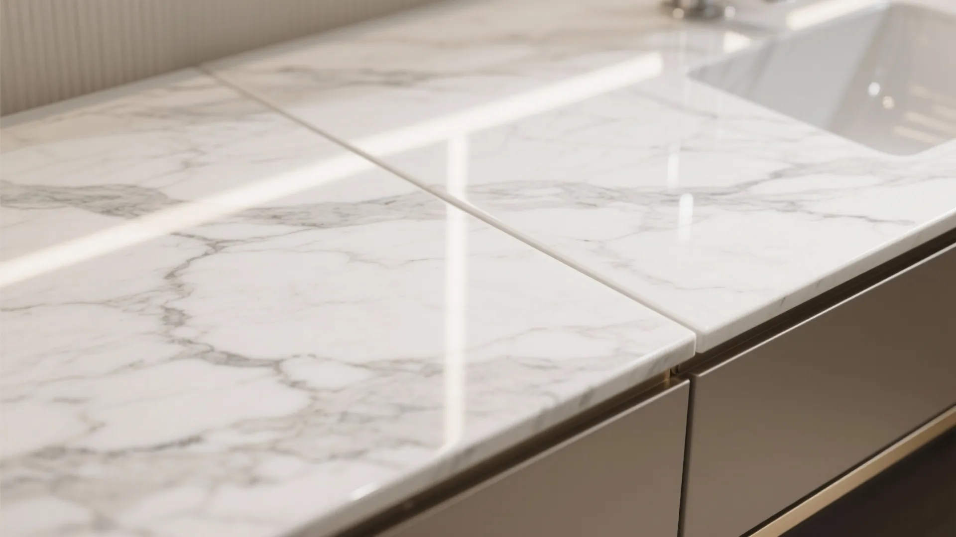 White marble bathroom countertop with grey veins shown in detail next to white ceramic sink