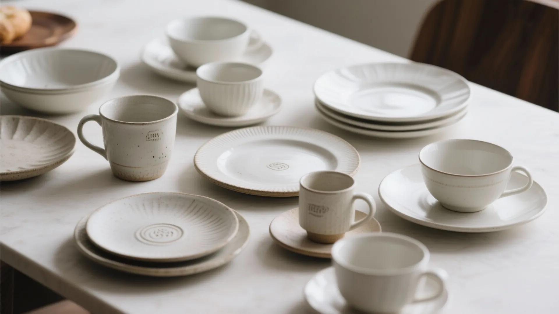 Selection of white handmade ceramic cups and plates on a light table in a bright room