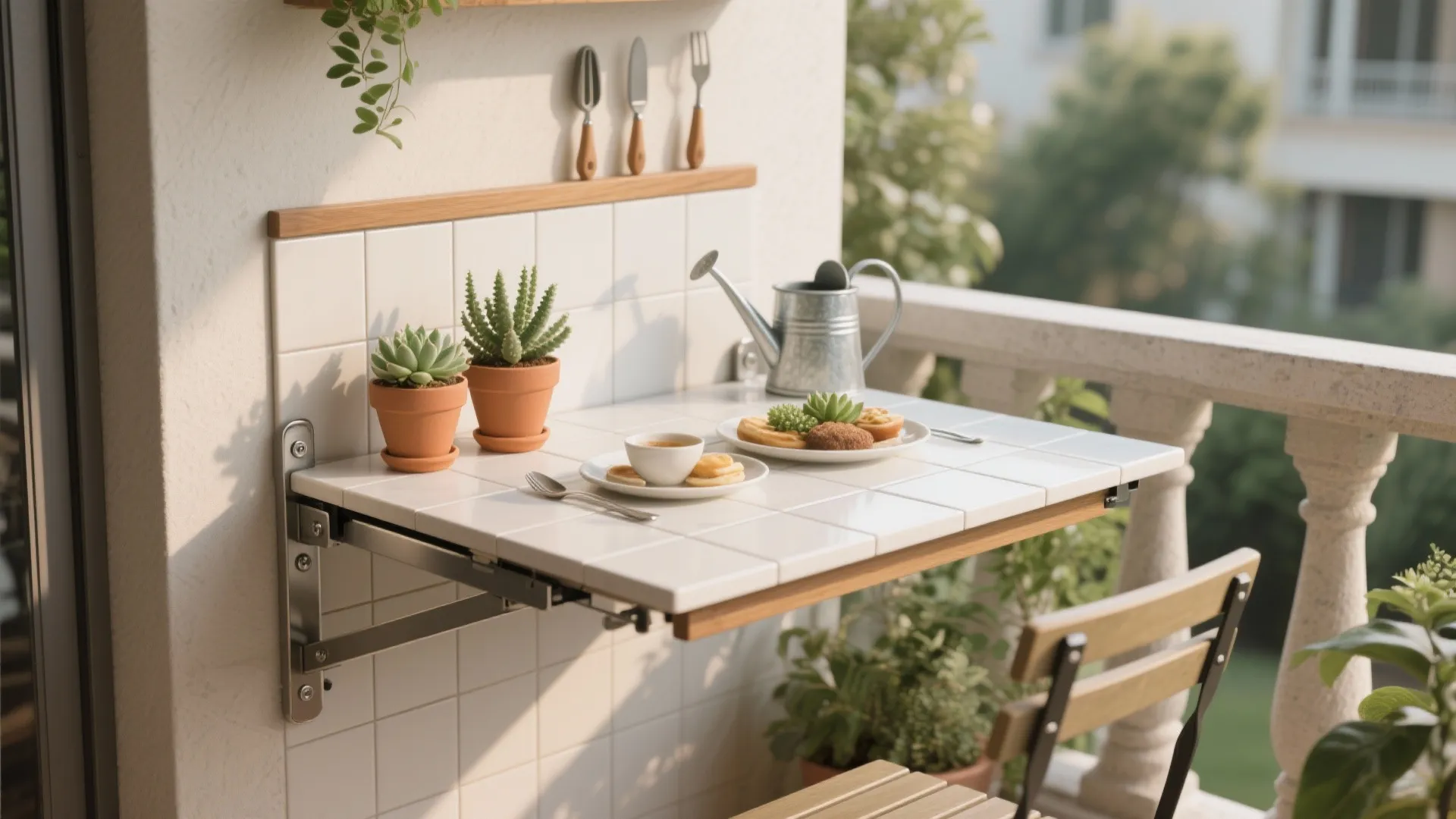 5) Compact drop-leaf with weatherproof tiles as a plant-friendly surface