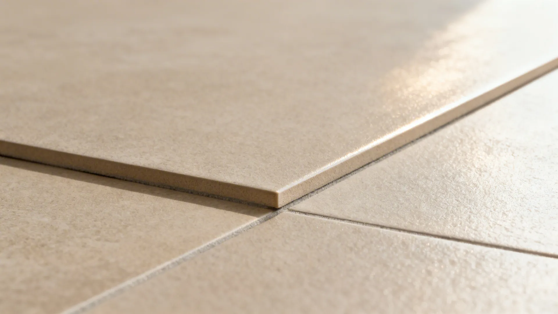 Macro of rectified greige porcelain tile with tight, color-matched grout and satin matte finish.