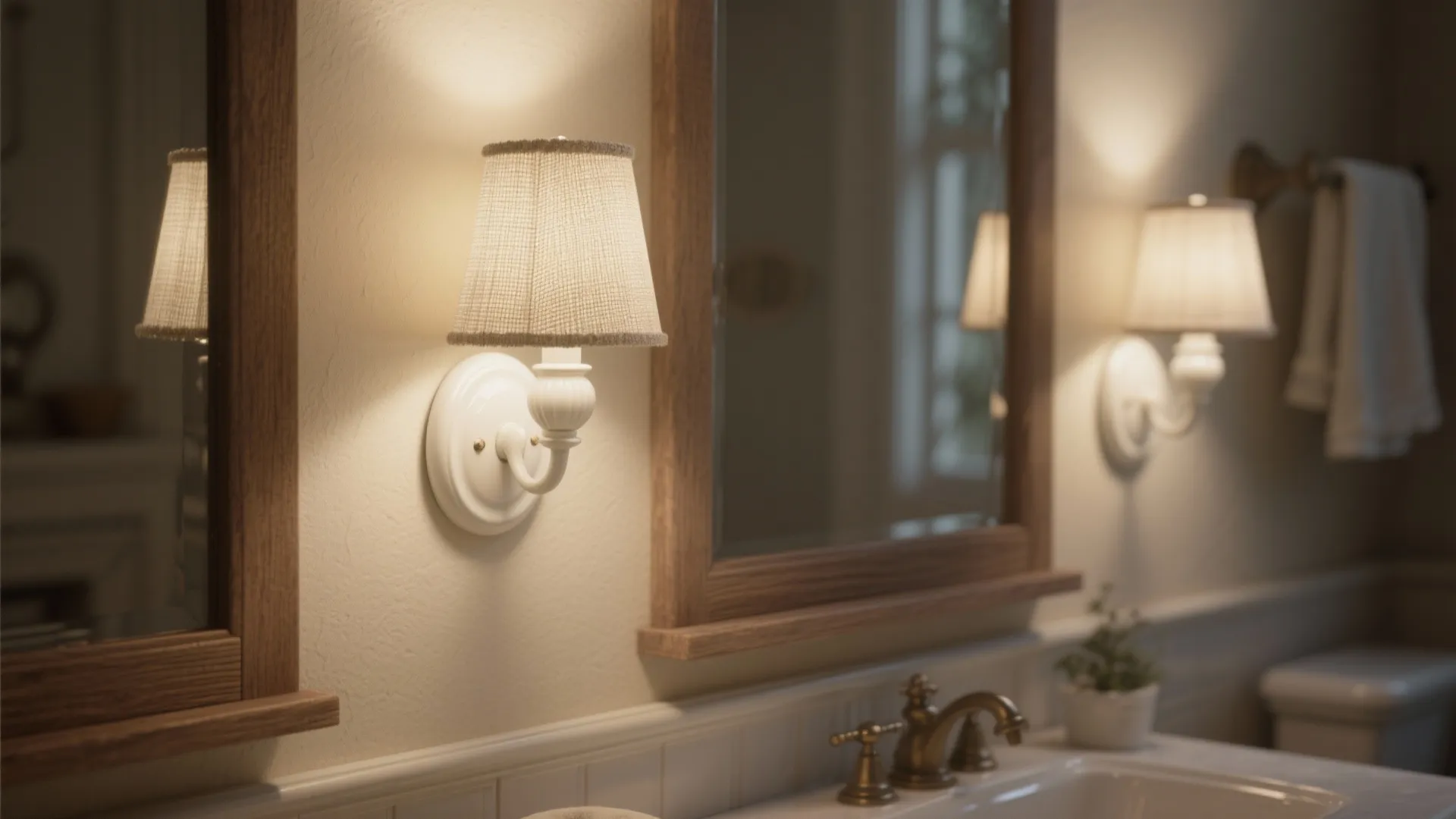 4. Porcelain Backplate Sconces with Fabric Shades