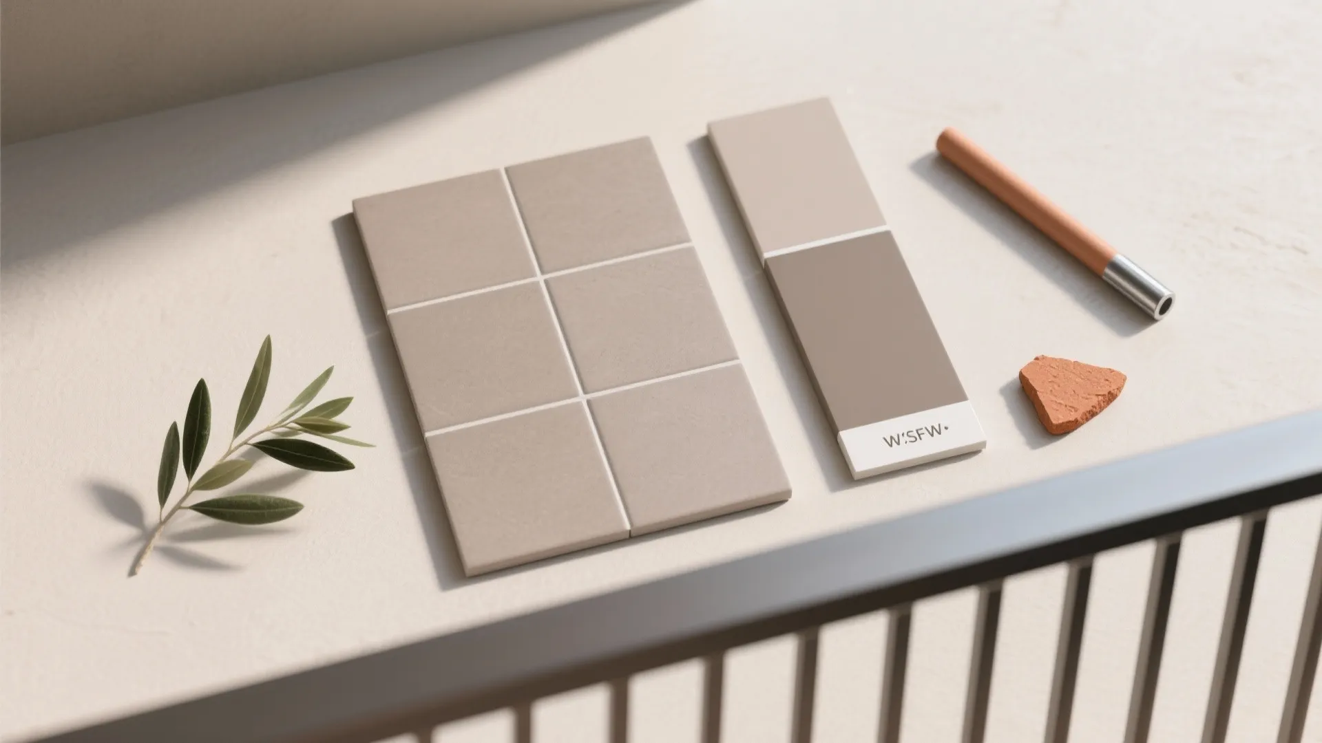 Flatlay of taupe matte porcelain sample, grout, metal railing swatch, terracotta chip, and olive leaf.