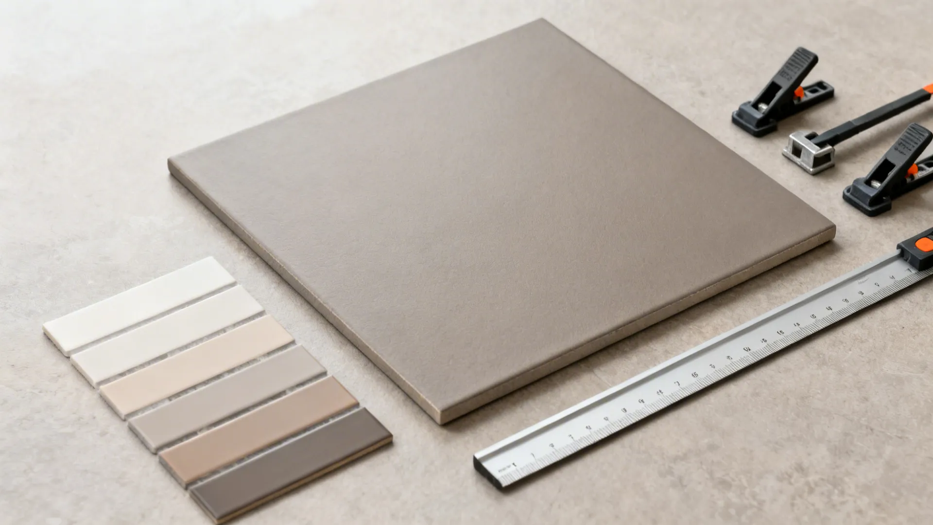 Flatlay of porcelain slab sample with grout swatches and leveling clips.