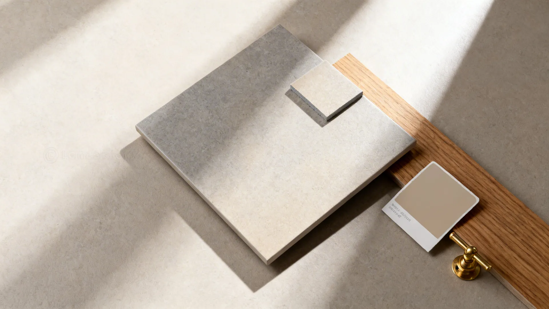 Flatlay with porcelain slab sample, matching grout, oak, brass, and neutral paint chip.
