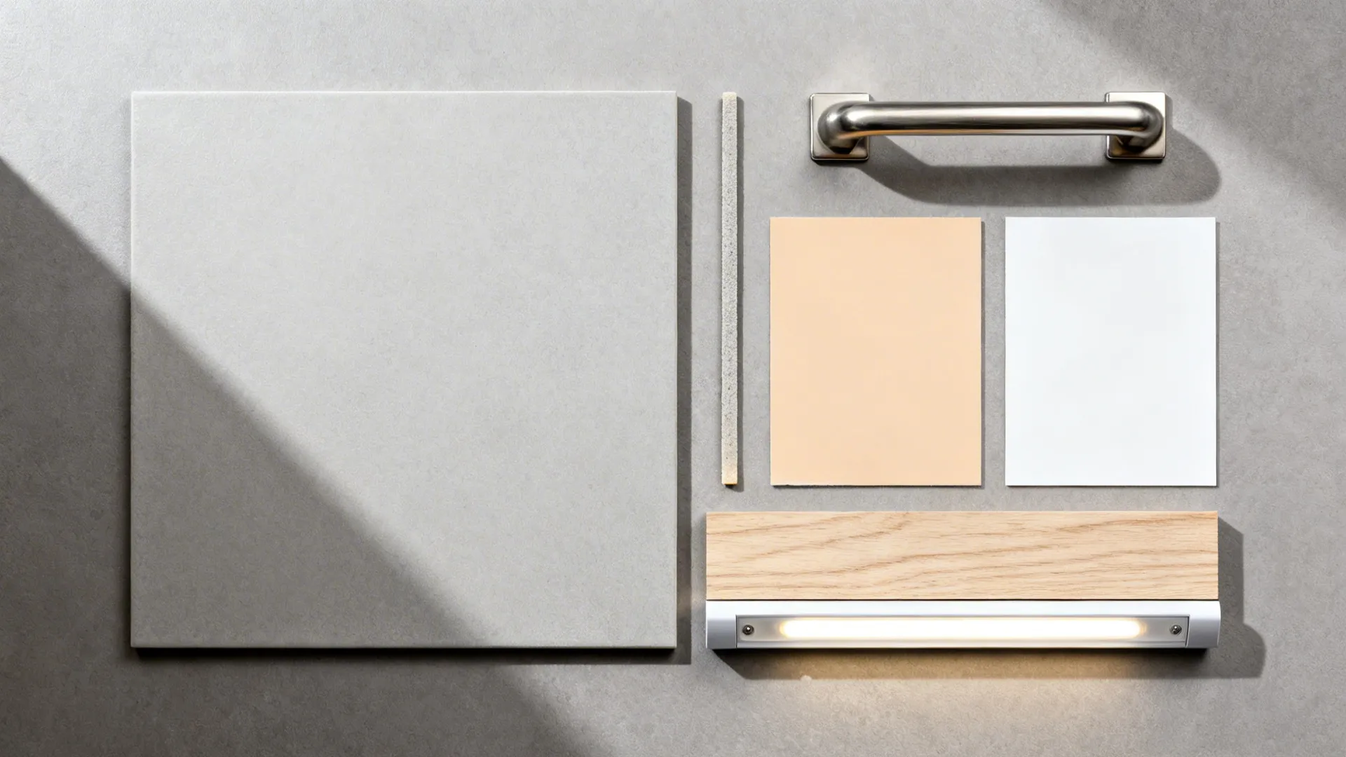 Flatlay with matte gray porcelain tile, thin grout, oak, and warm white finishes.