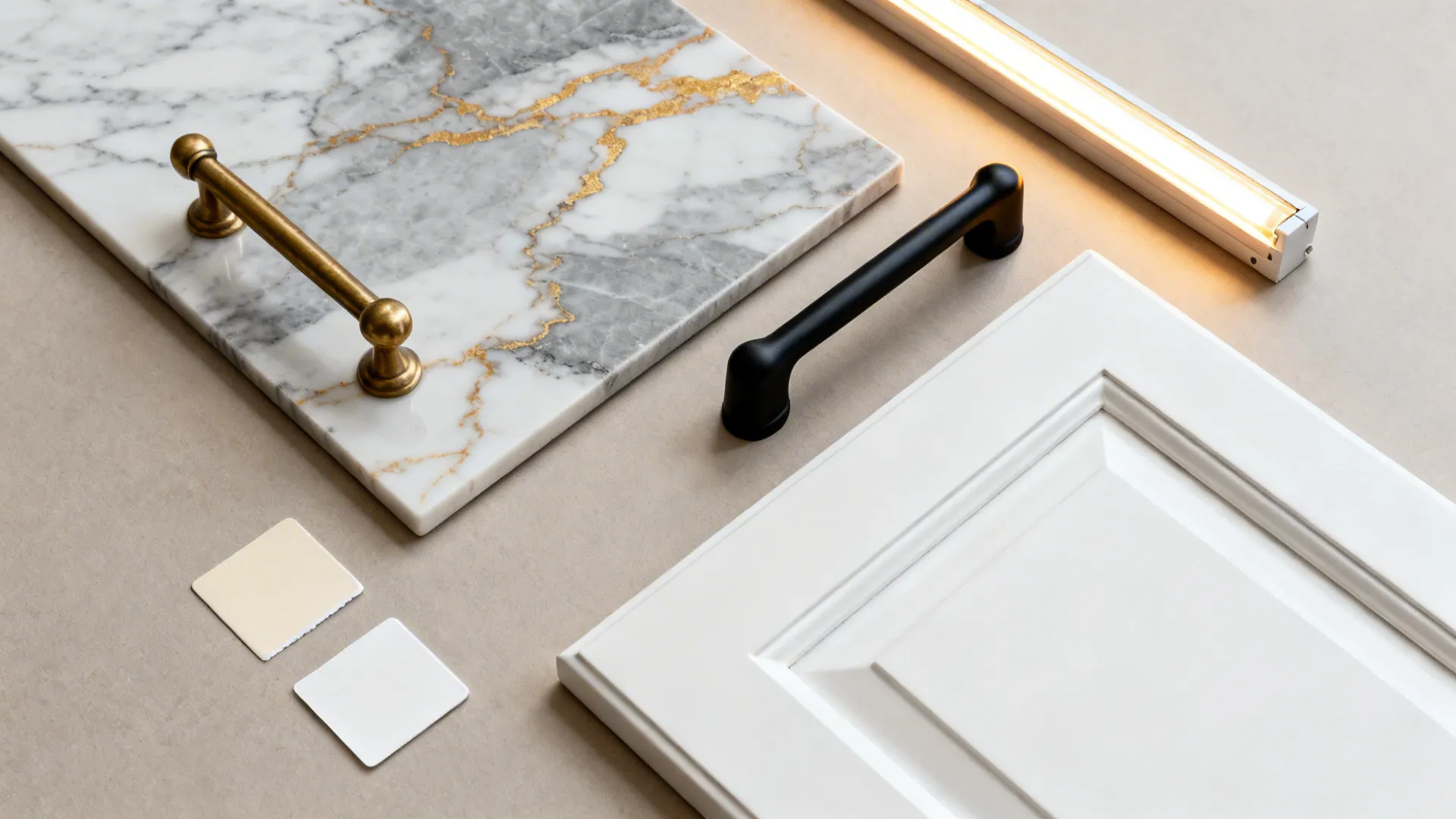 Top-down material board with porcelain veining, brass and black hardware, and white samples.