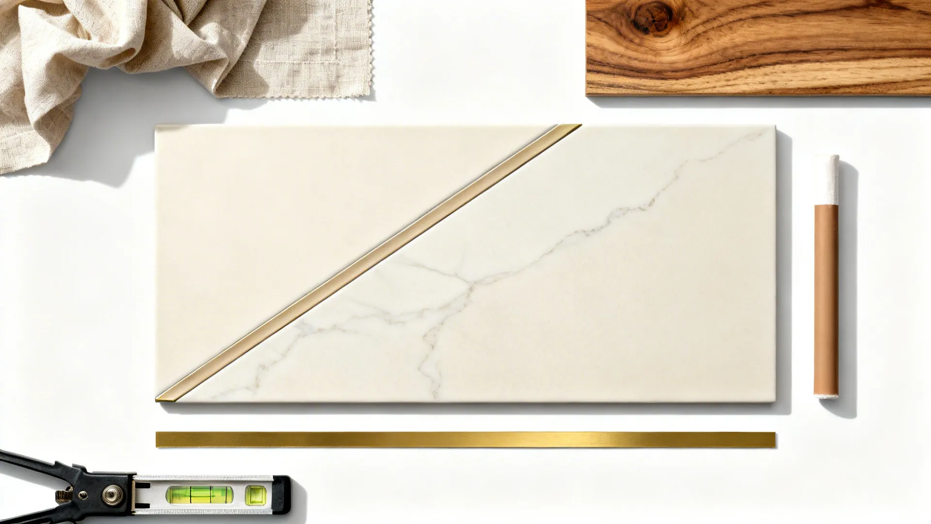 Flat lay of marble tile sample with gold trim, wood piece, fabric, and home renovation tools