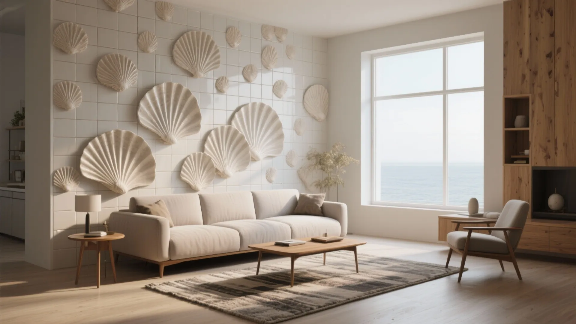 Modern living room with seashell wall art, white sofa, wooden coffee table, and ocean view