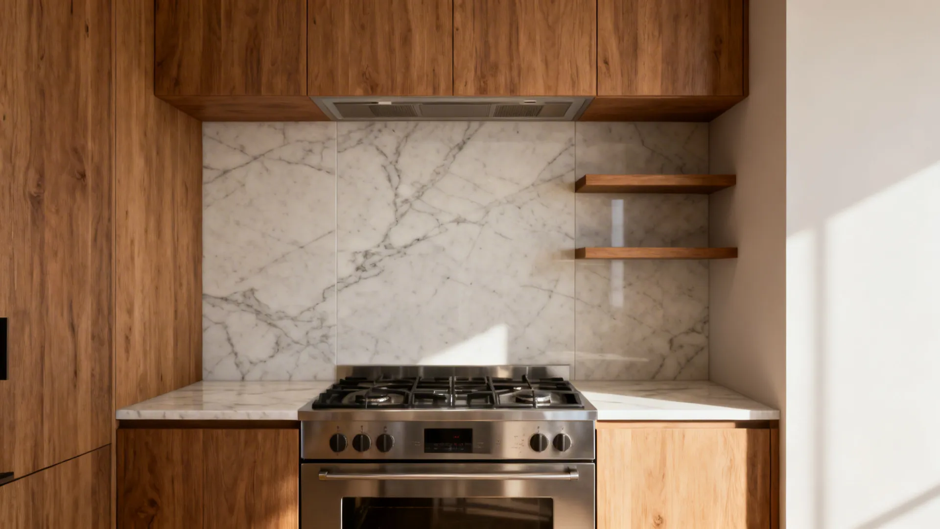 Small kitchen with a full-height porcelain slab splashback behind the hob for a seamless look.