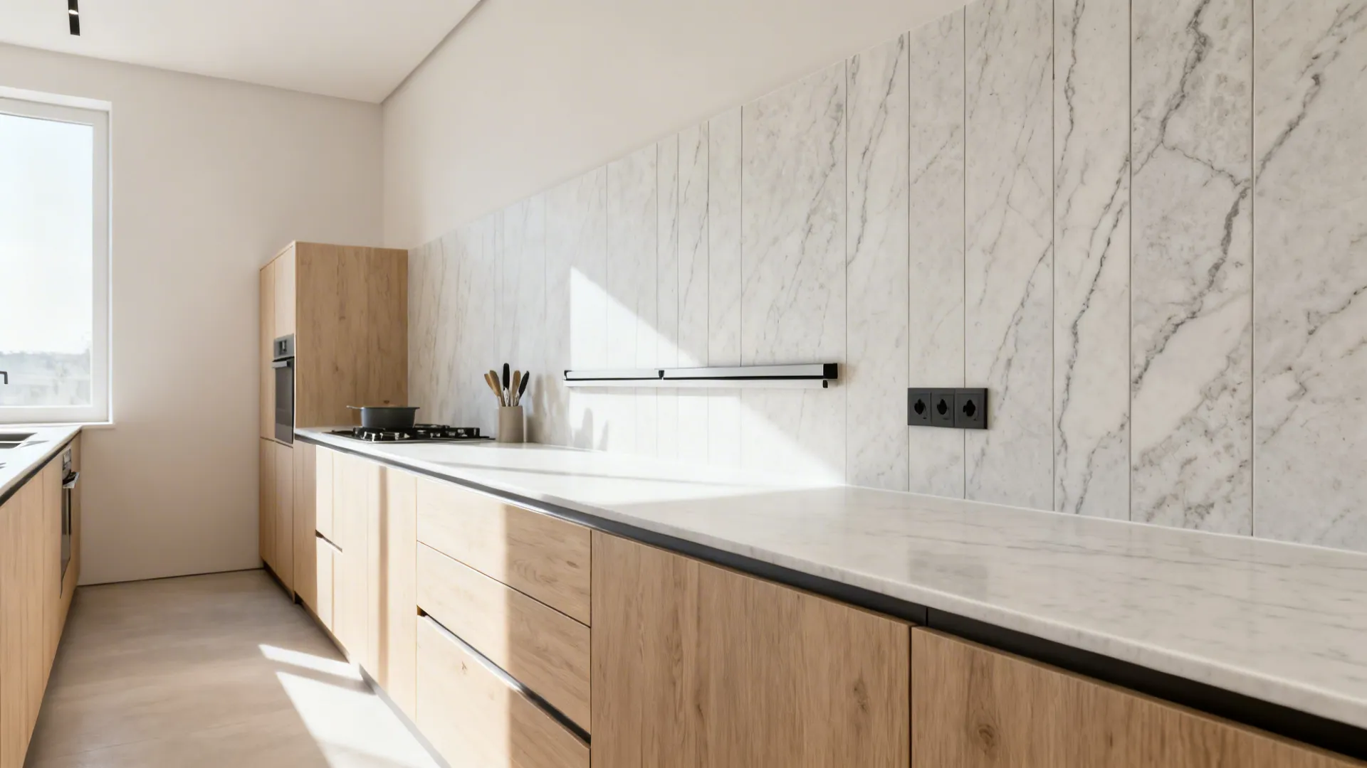 Porcelain countertop with matching full-height backsplash in a compact galley.