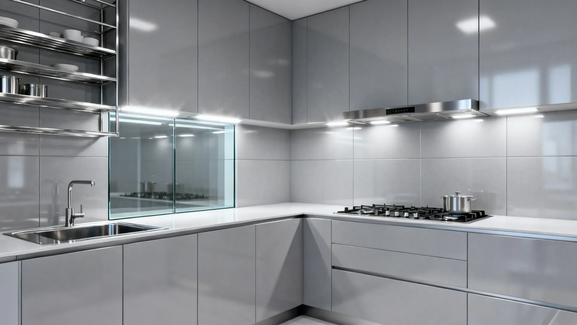 Cookline with full-height porcelain panels and tempered glass backsplash for easy cleaning.