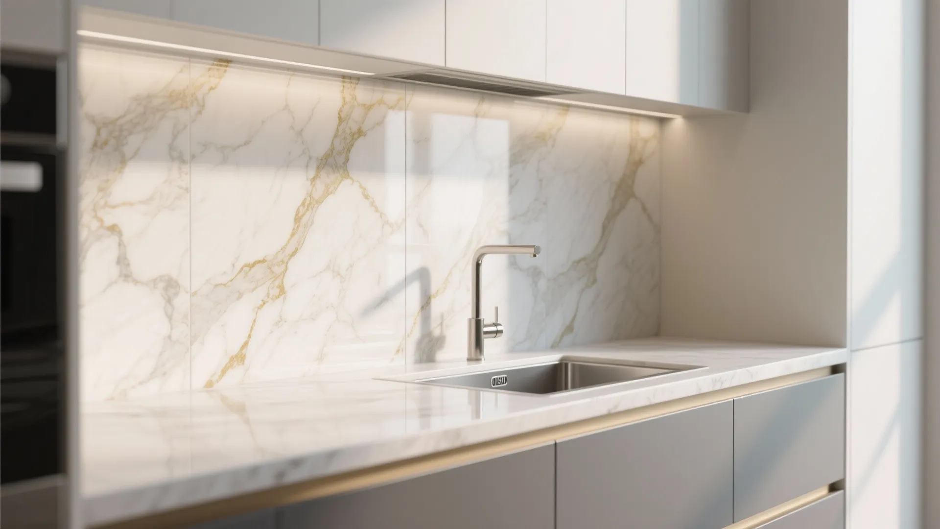 Modern kitchen sink area with marble wall panels a silver water tap and grey cabinets