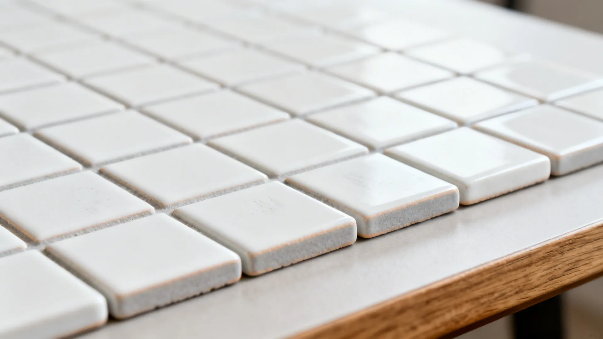Macro of matte white porcelain mosaic tiles with tight warm gray grout lines on a table.