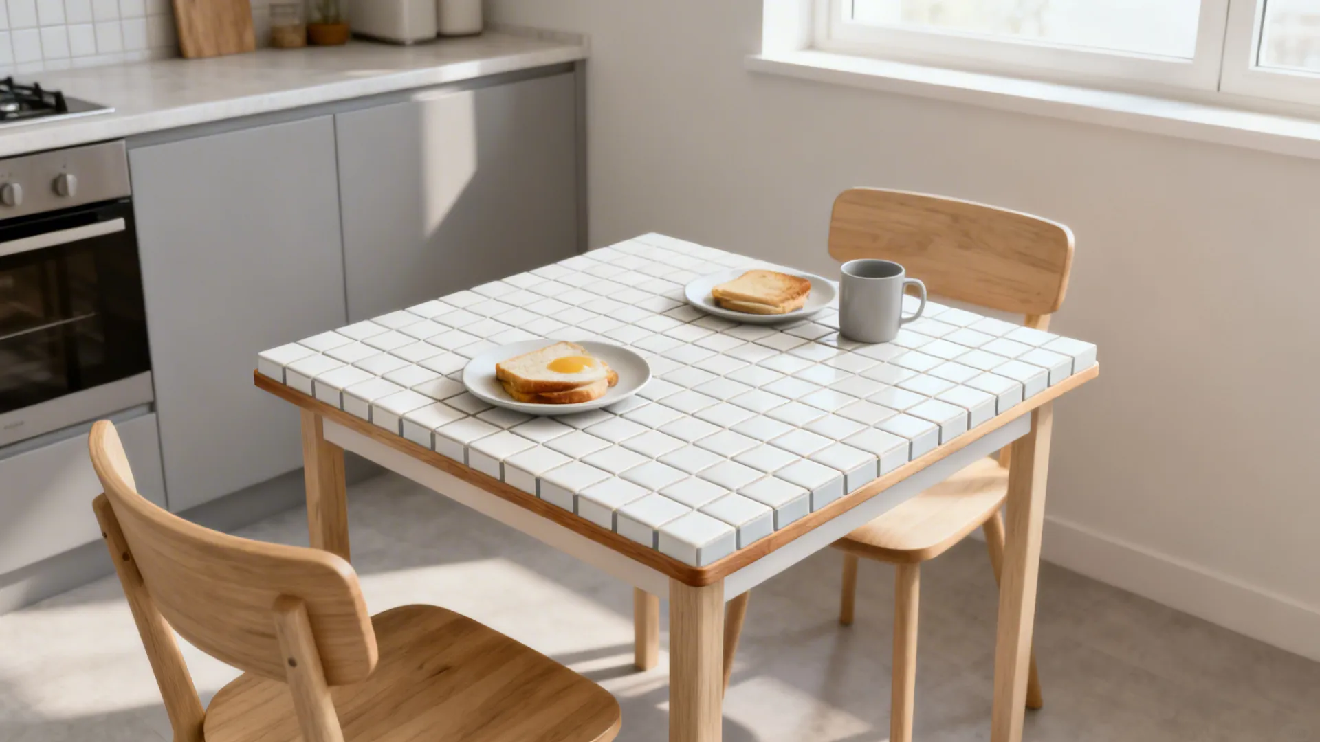 Minimalist white porcelain mosaic grid table top with warm gray grout in a compact kitchen.