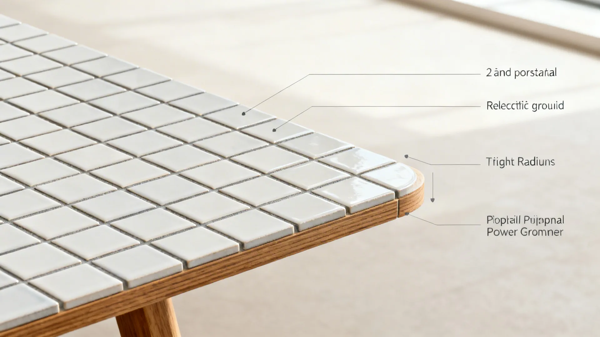 Top-down view of porcelain mosaic grid layout with tight grout and wood nosing on a tabletop.