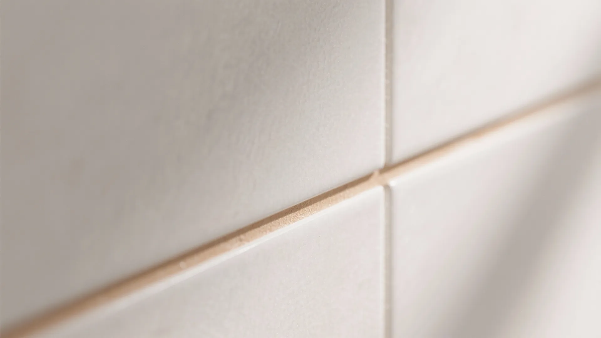 Macro view of matte off-white porcelain tile with narrow warm grout and rectified edge in soft daylight.