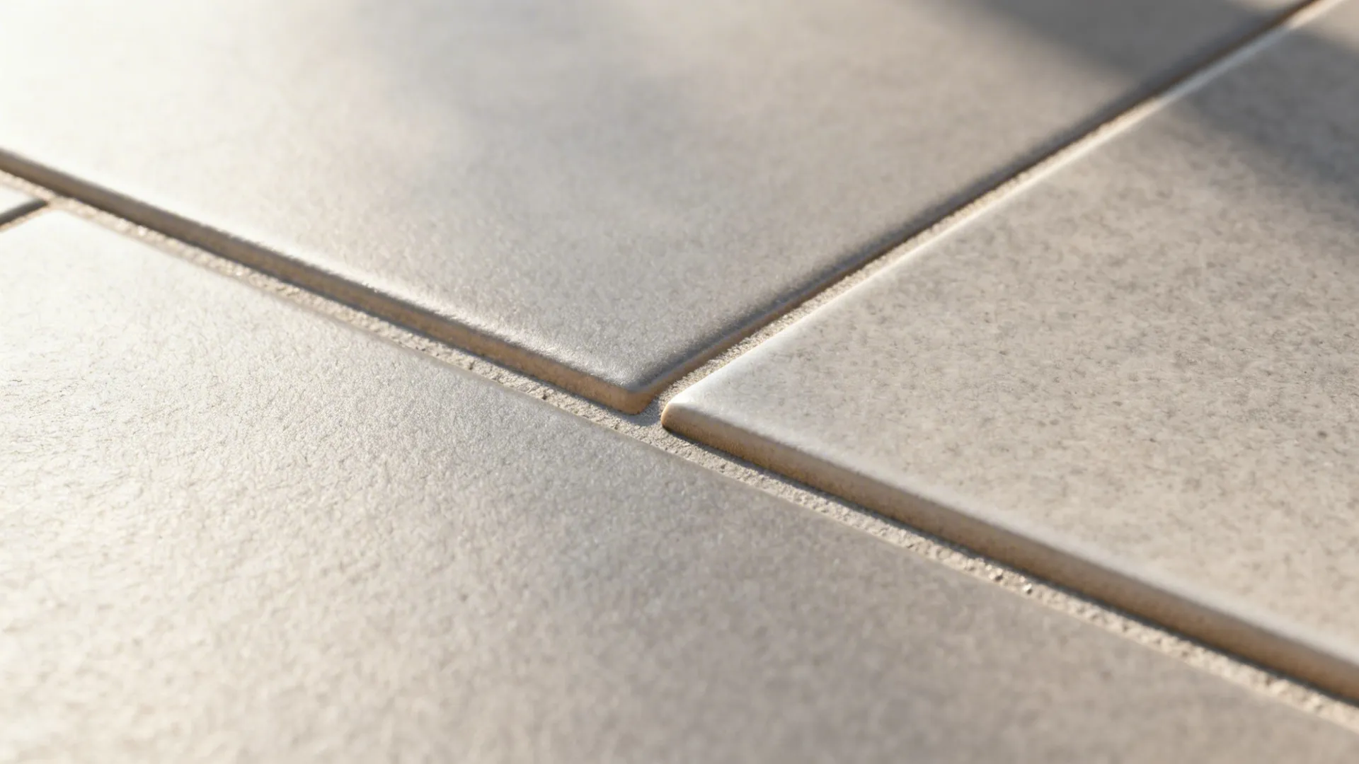 Macro of rectified matte porcelain tiles with an ultra-tight grout joint in warm gray.