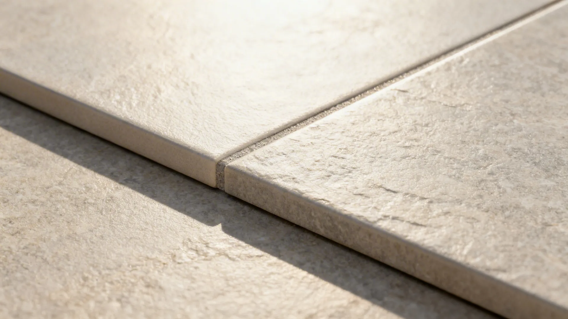 Macro of rectified porcelain tile with tight, color-matched grout joint.