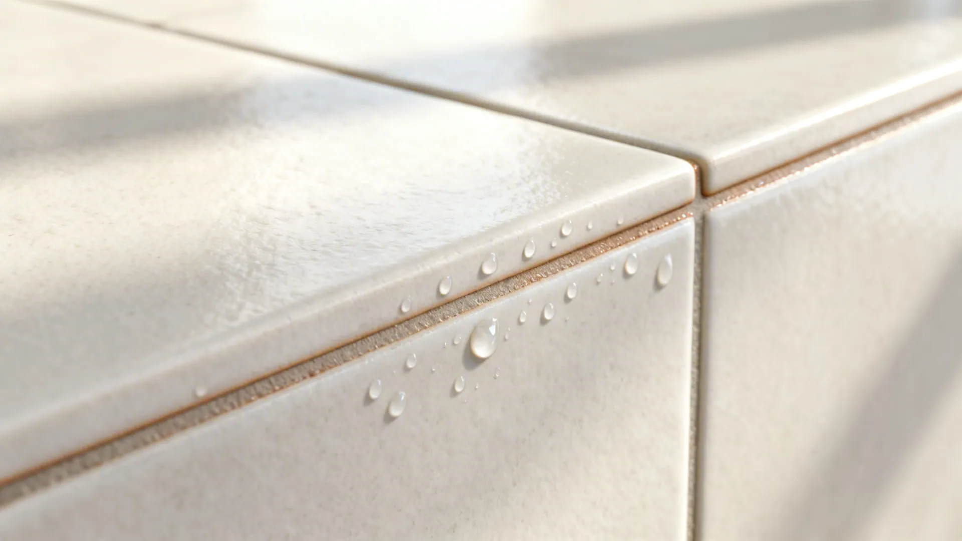 Macro of rectified porcelain tile with 2 mm epoxy grout showing clean, tight joint.