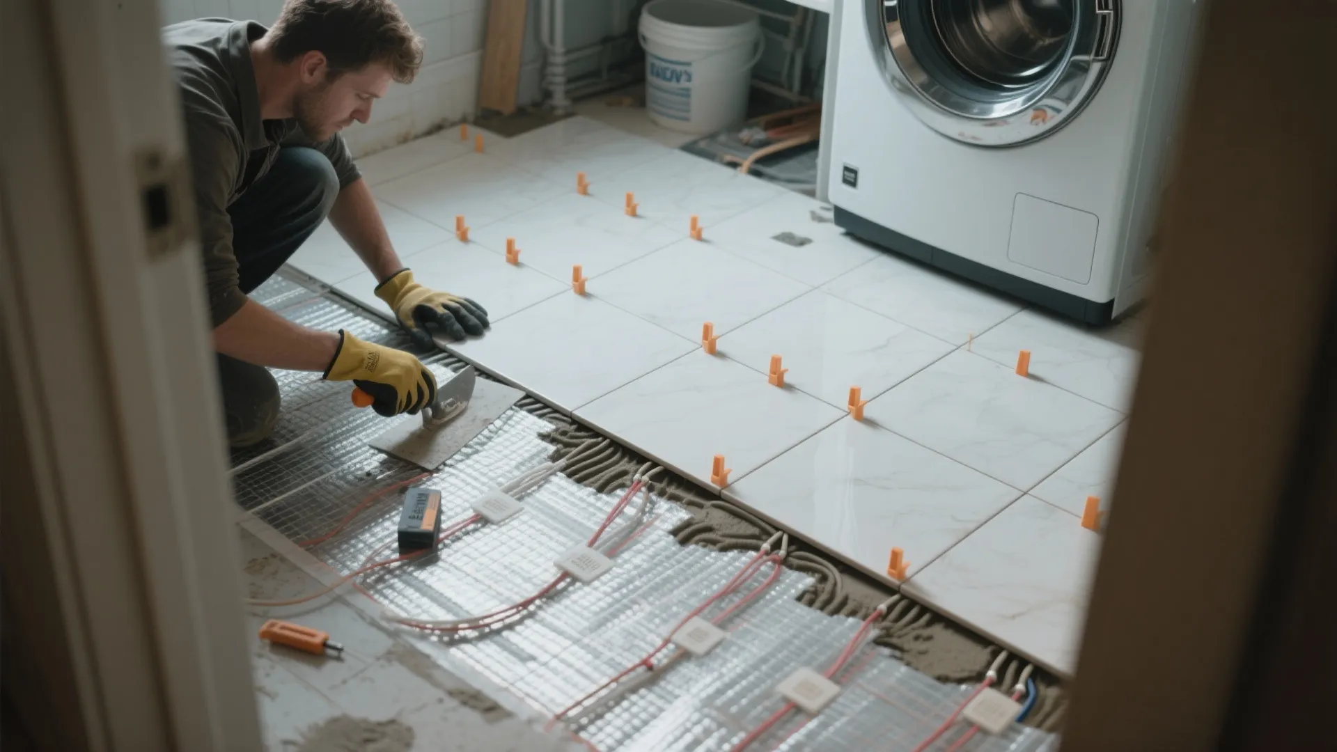 Man installing white floor tiles over heating system in a laundry room next to washer