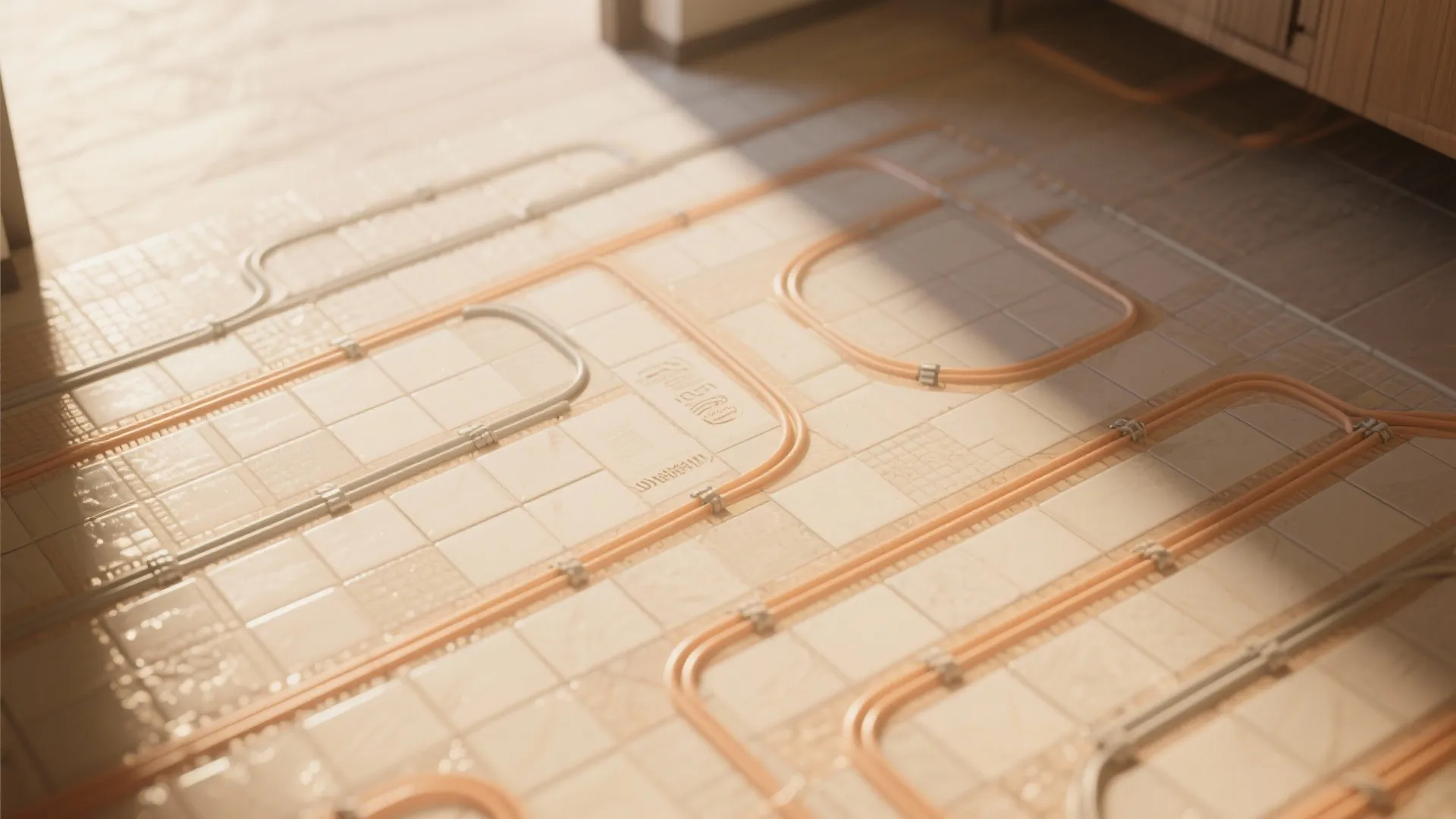 Top-down view of porcelain tiles with heating grid underneath