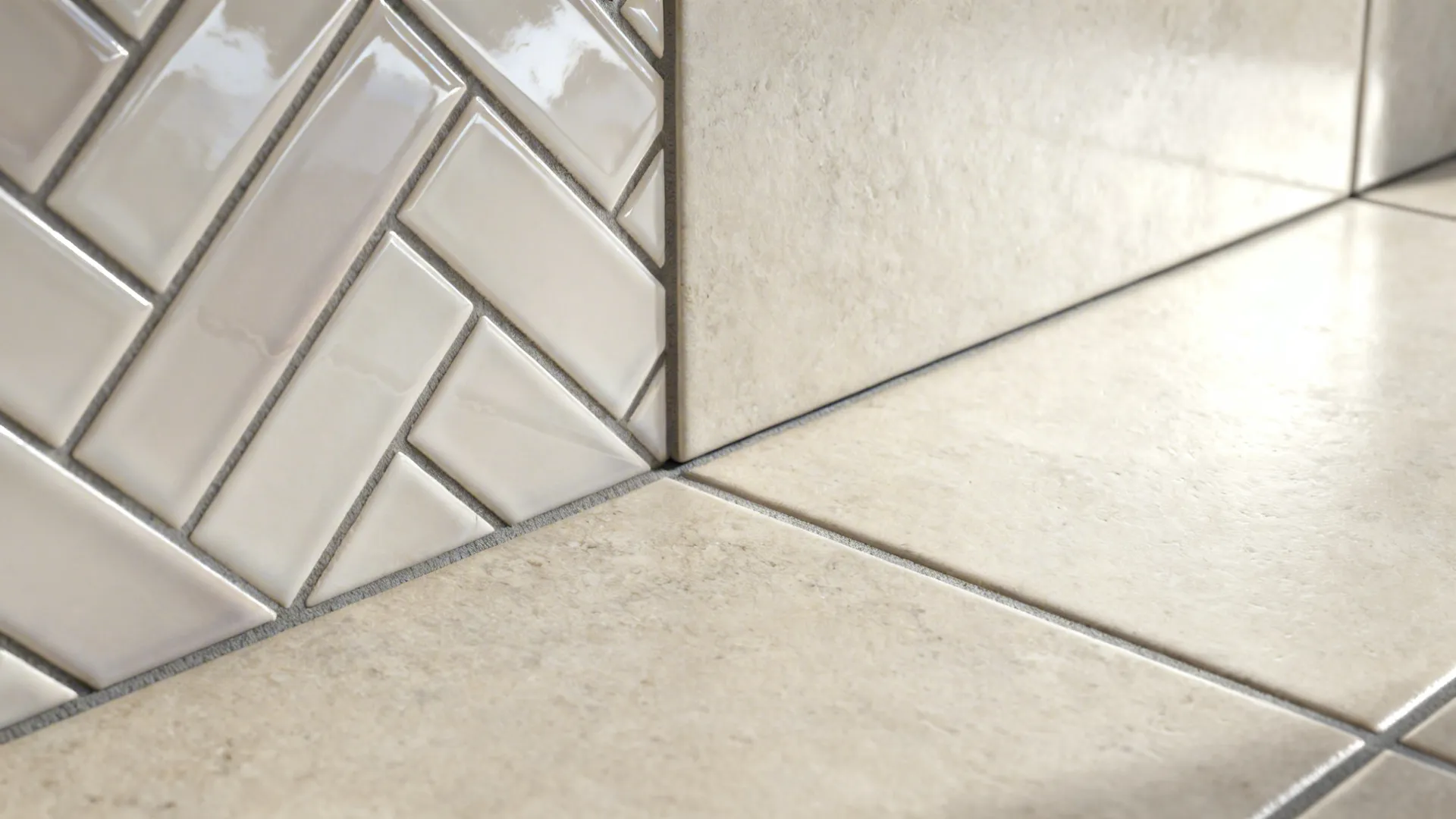 Macro of rectified porcelain floor edge and glossy herringbone backsplash with tight grout