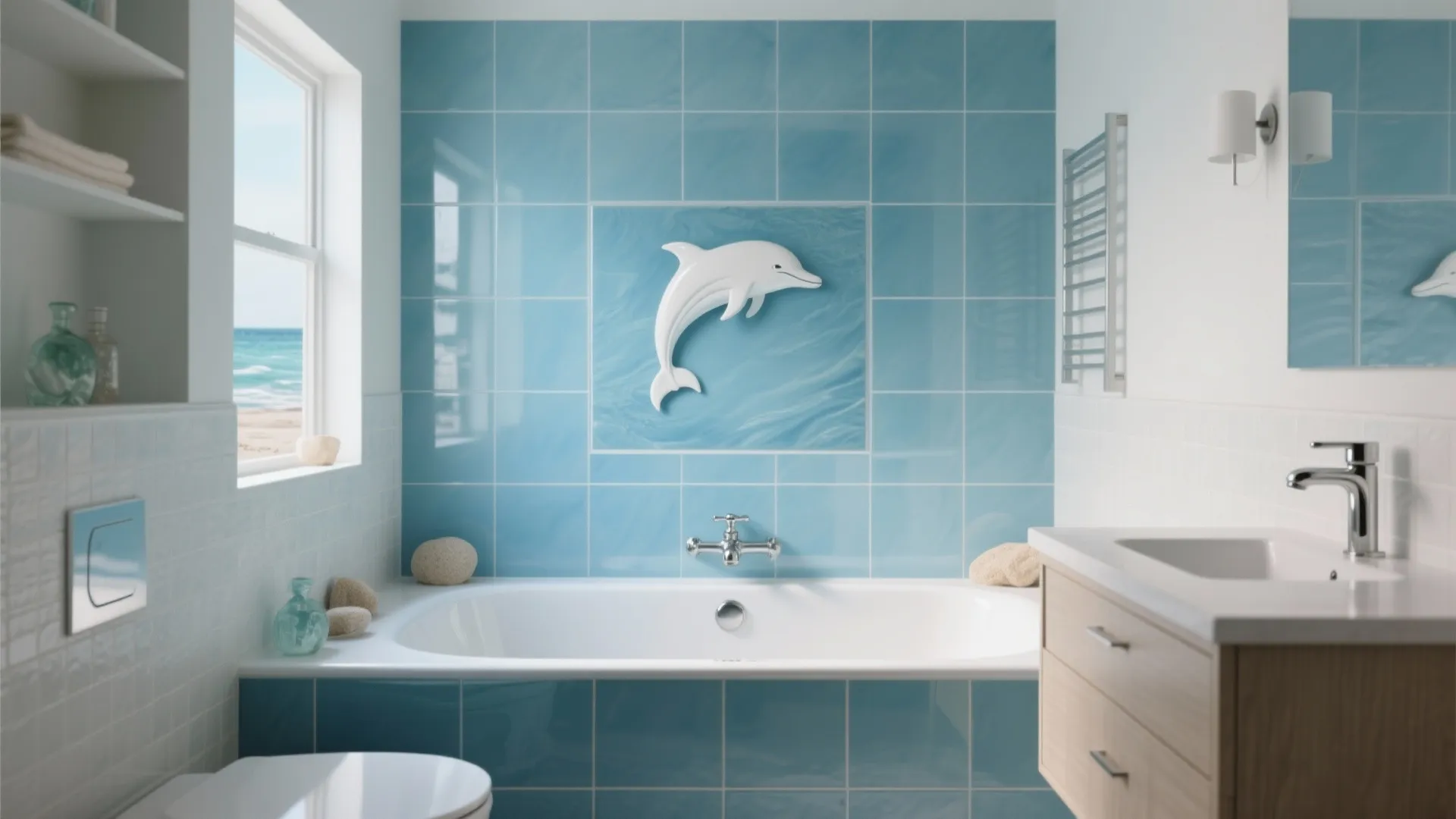 Modern blue bathroom with white bathtub vanity sink and large white dolphin design on wall