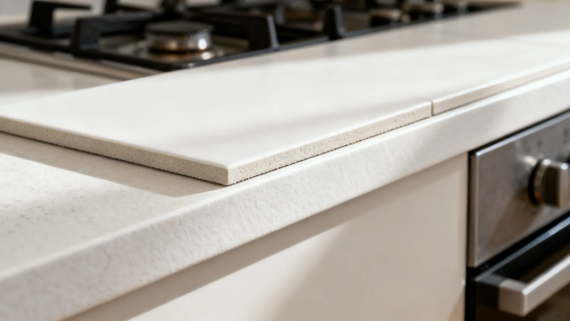 Macro of large-format porcelain tile with ultra-thin grout line behind a stove.