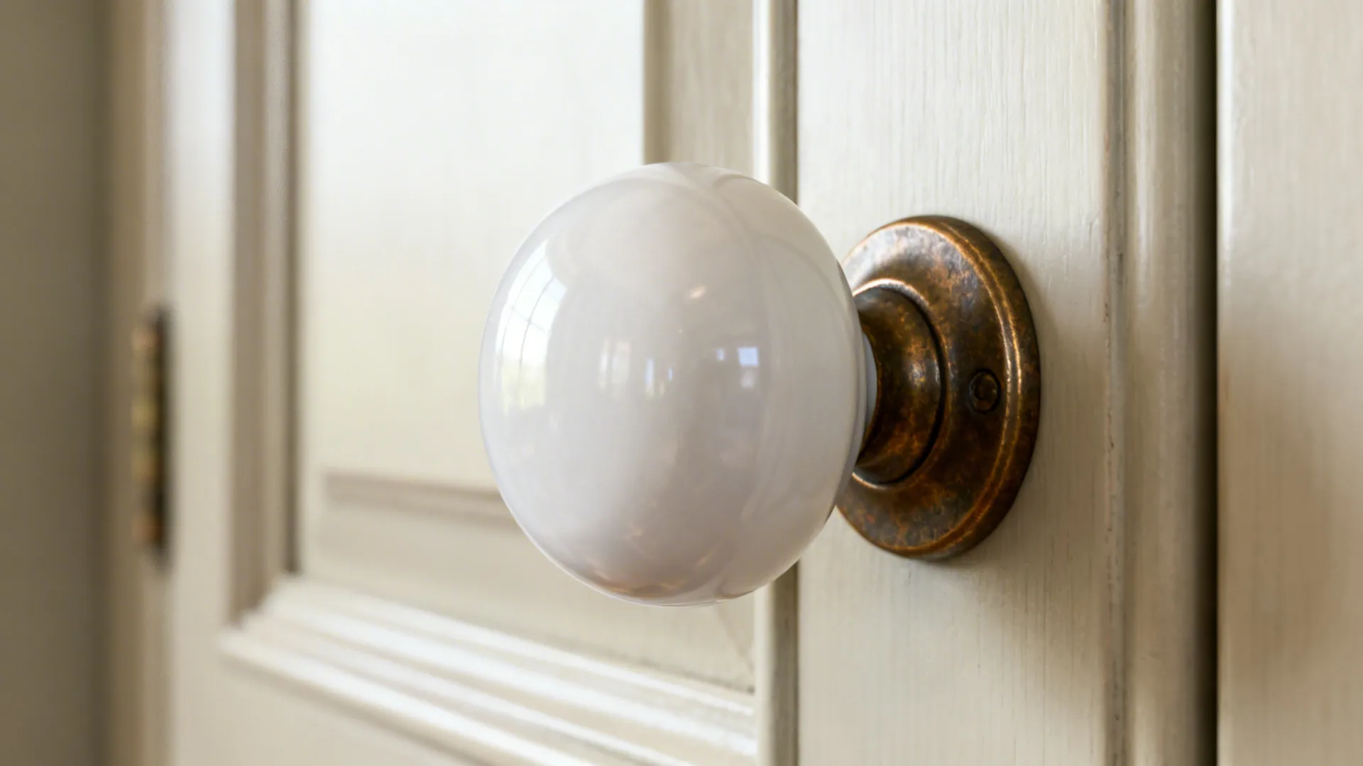 Close-up of a white porcelain knob with an aged bronze base on a cabinet door.