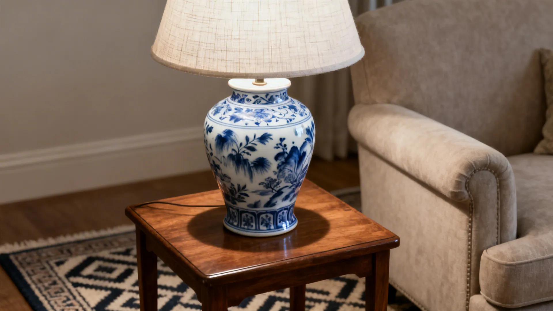 Blue-and-white porcelain table lamp with classic motifs on a side table in a traditional living room