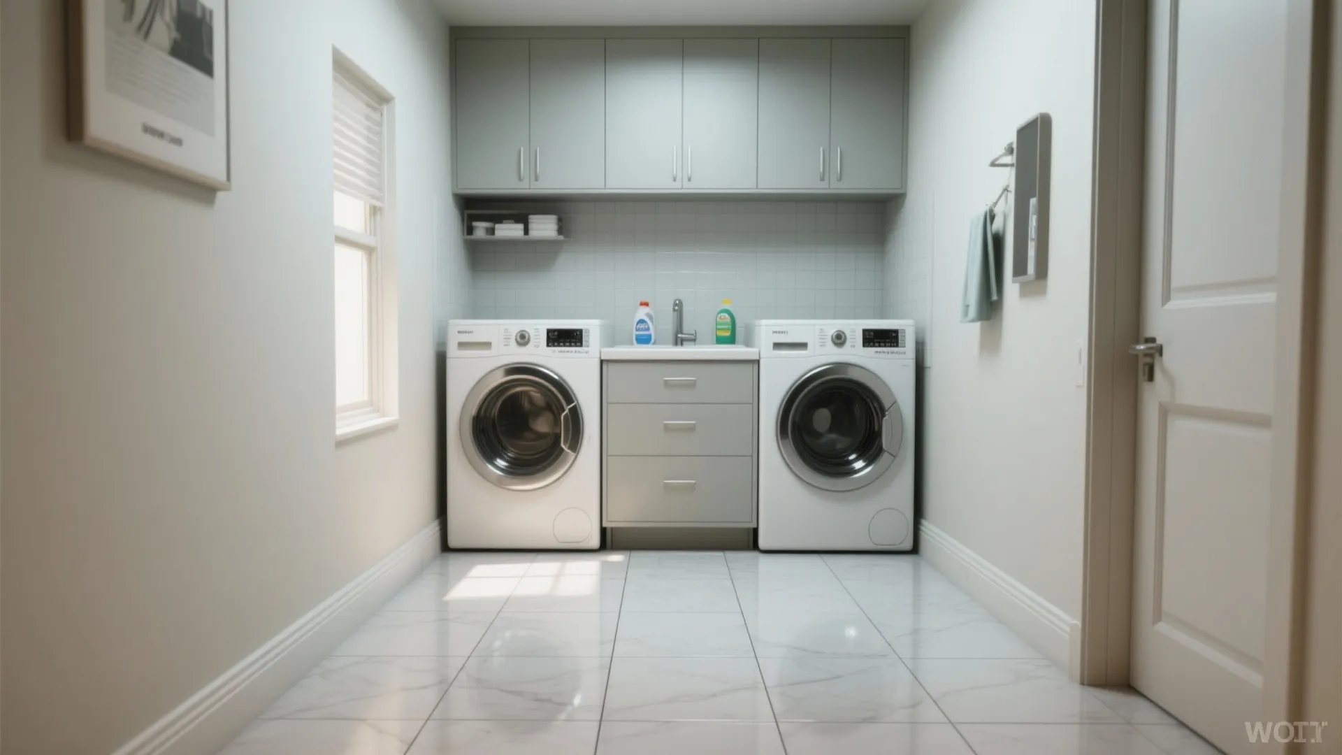 Clean laundry room with grey cabinets white washing machines sink marble floor tiles and natural light