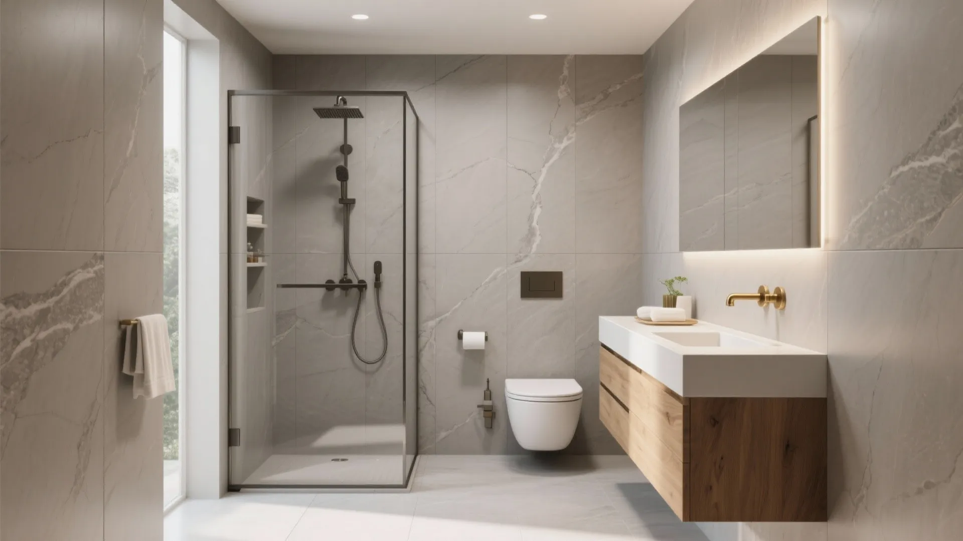 1) Large-Format Porcelain for Seamless Walls and Floors