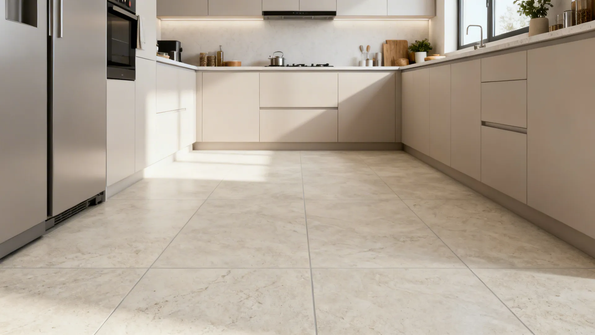 Large-format mid-light stone-look porcelain floor with rectified edges expanding a compact U-shaped kitchen.