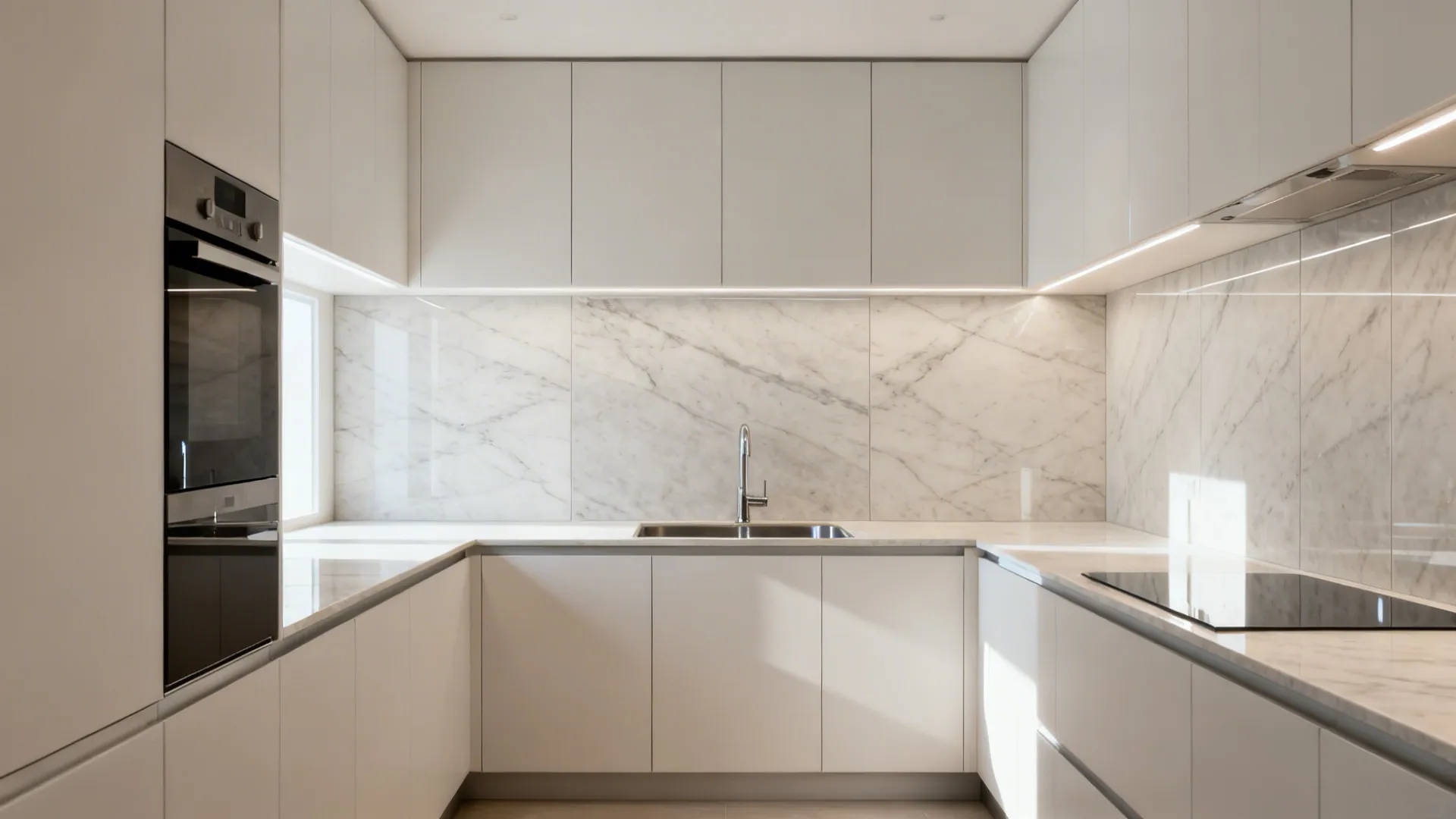 Modern white kitchen with marble wall panel minimalist white cabinets silver sink and black oven
