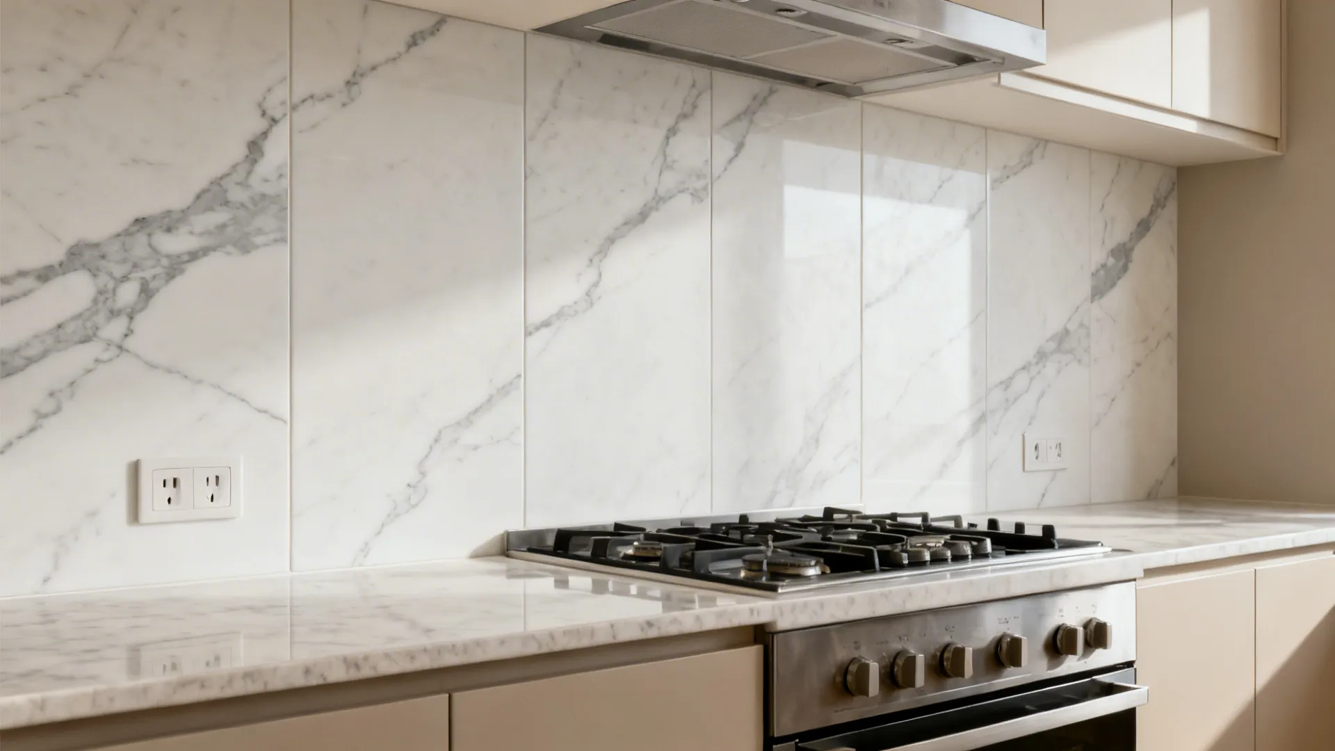 Large-format 24x48 porcelain stone-look backsplash with minimal grout lines in a modern kitchen.