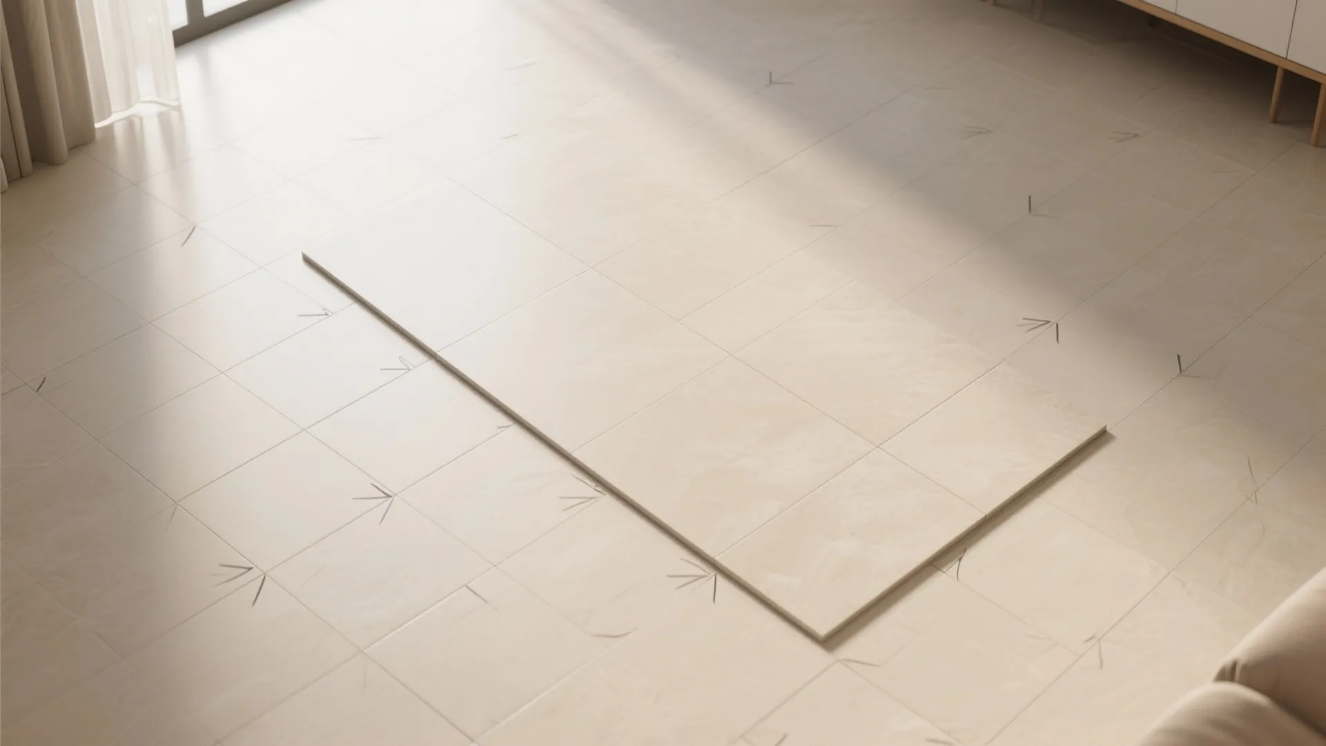 Large beige floor tiles showing a grid layout design for a modern bright living room