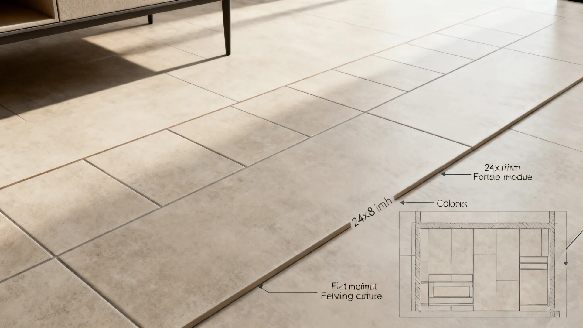Beige floor tile layout with technical design notes and an interior design drawing under natural light