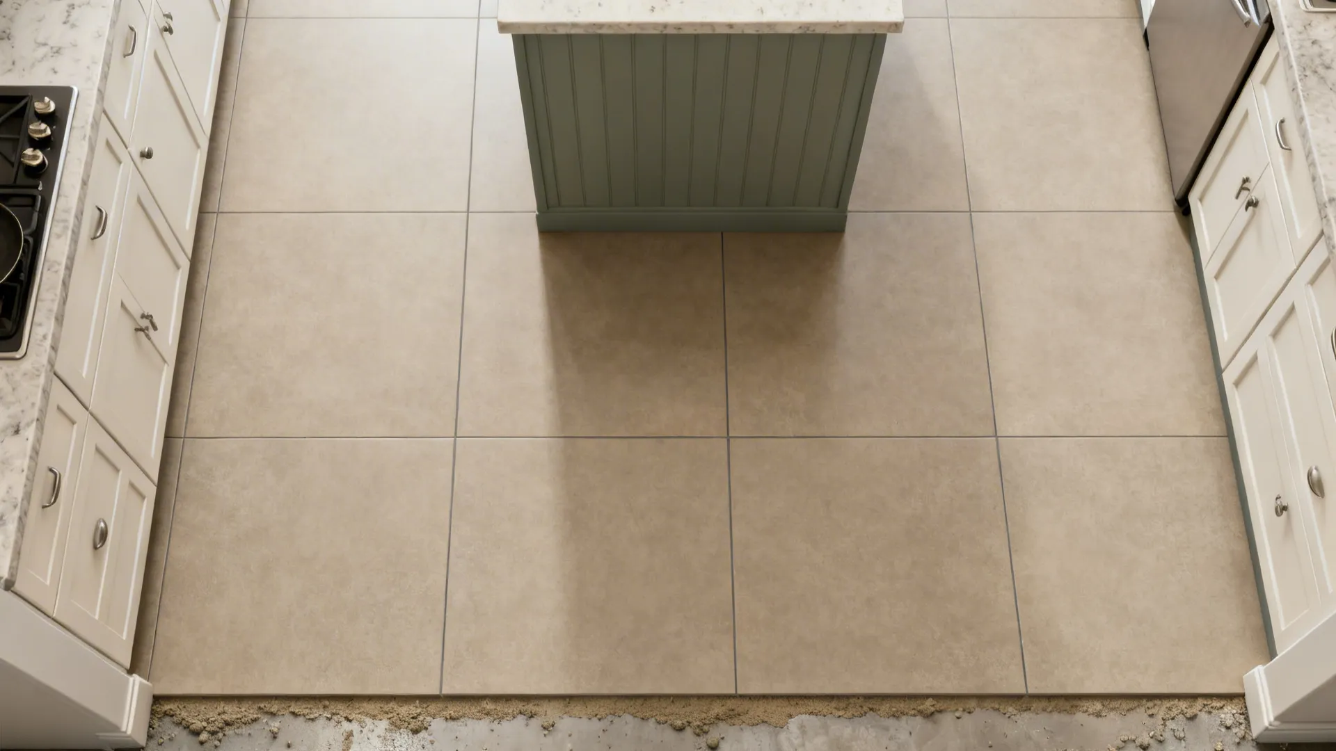 Top-down plan showing large-format porcelain slab seams aligned with kitchen cabinetry.