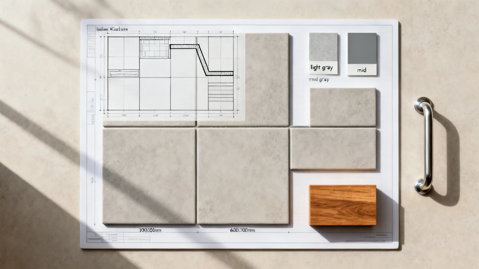 Top-down tile plan with matte porcelain sizes and grout swatches for an L-shaped kitchen.